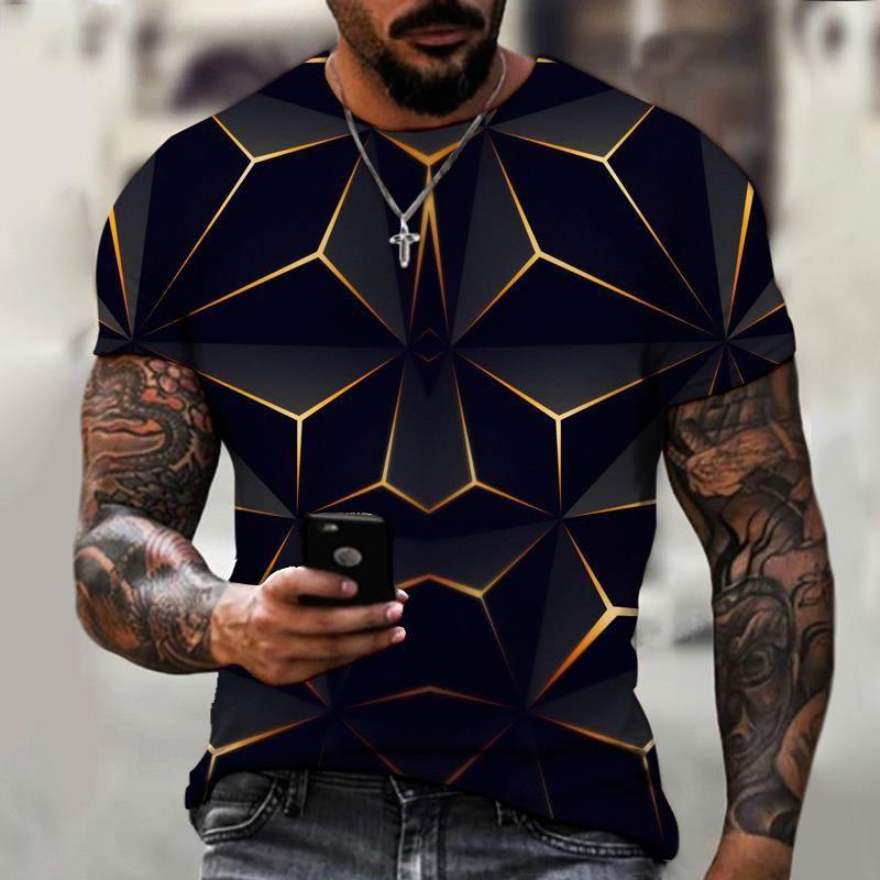 New 3D Splicing Men's Summer Short Sleeved Round Neck Pullover Plus Size Top Casual and Personalized Holiday Polyester T-shirt
