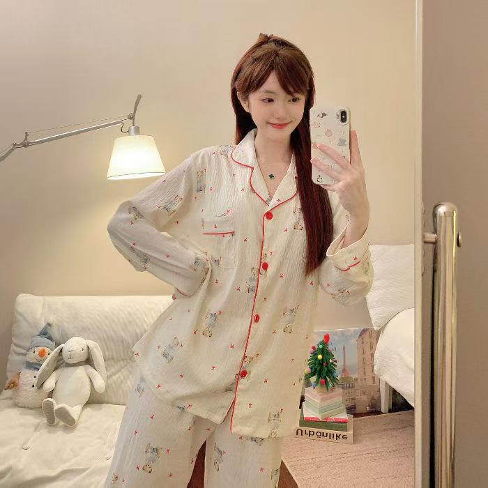 Cloud Cotton Women's Autumn Pajama Set: Long Sleeve, Long Pants, Cute & Casual Homewear, Wearable Outdoors