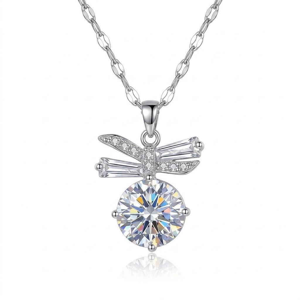 Necklace: Women's Pink Cubic Zirconia Bow Clavicle Chain, Korean-Japanese Style, Simple & Elegant.