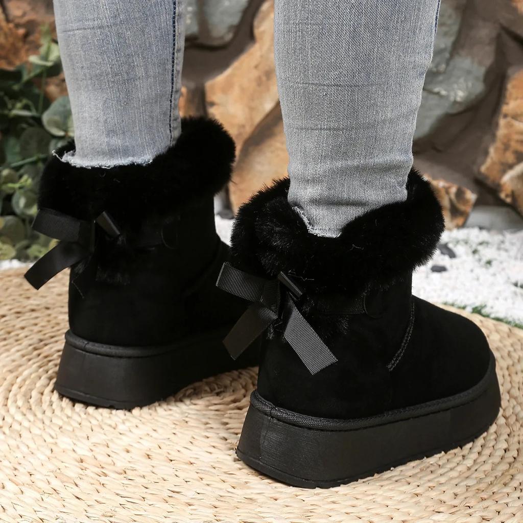 Autumn Winter Thick Bottom Fleece Lined Snow Boots Women's Butterfly Knot Fur Trim Warm Short Boots Rubber Upgraded Version