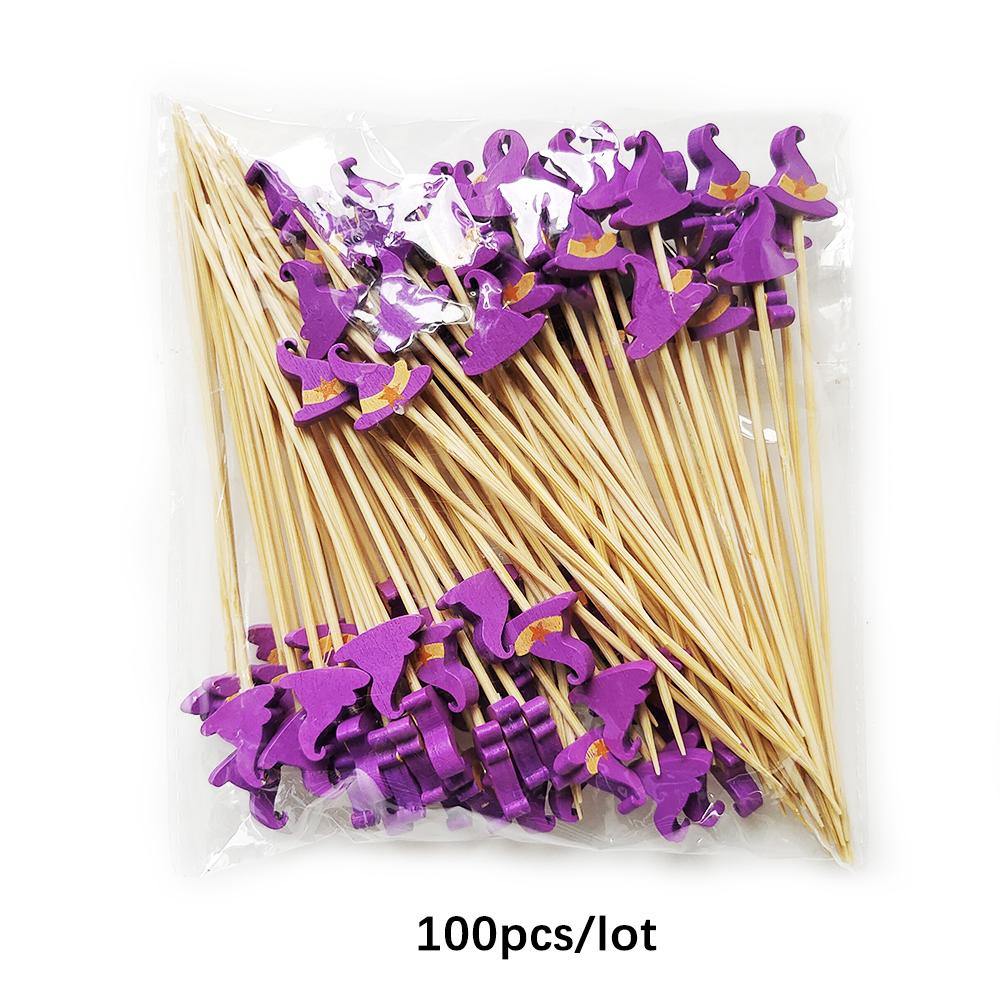 100Pcs Halloween Pumpkin Skewers Bamboo Picks Fruit Forks Buffet Dessert Toothpicks Ghost Bat Halloween Party Decoration