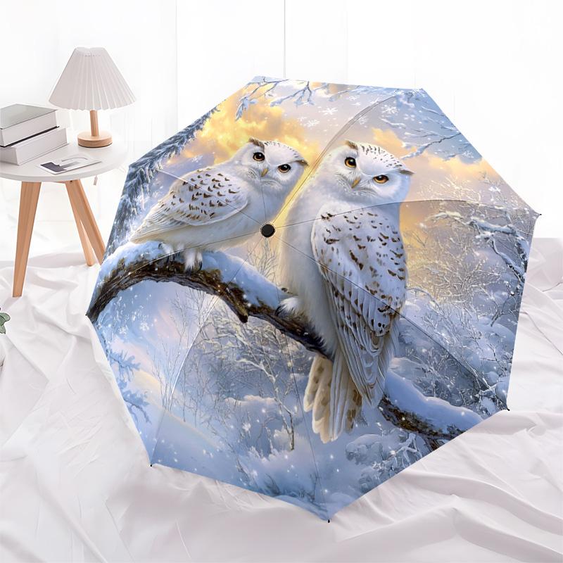 1 PC Automatic Folding Umbrella - Winter Snowy Owls Pattern, Portable & Foldable Design with 8 Ribs, Christmas Birthday Gifts