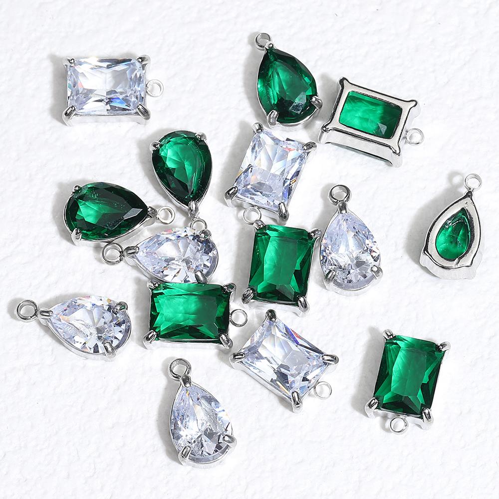 10pcs 5pcs Stainless Steel Zircon Pendants Green Transparent Crystal Charms Beads for Necklace Bracelet Jewelry Making Charm DIY