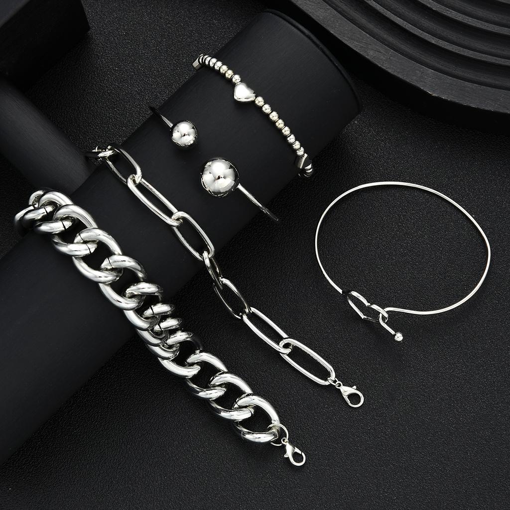5pcs Vintage Exaggerated Minimalist Heart Bracelet Set Boho Chunky Silver Color Thick Chain Bead Bracelets For Women Jewelry New