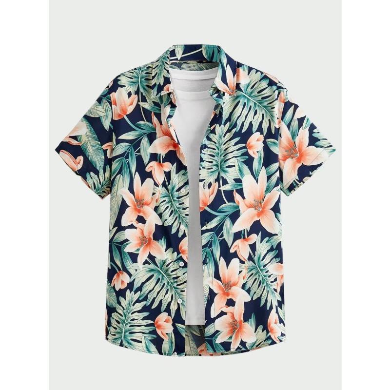 Hawaiian Botanical Flower Print Men's and Women's Short Sleeve Lapel Seaside Button-Down Shirt Top Casual Fashionable Shirts