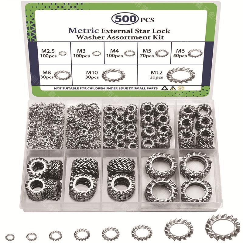 

500PCS Cross Internal & External Tooth Washer Set, Stainless Steel, M2.5-M12