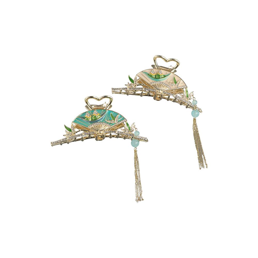 

Pearls Tassel Rhinestone Fan Hair Claw Dripping Oil Retro Shark Clip Hanfu Hair Accessories Female