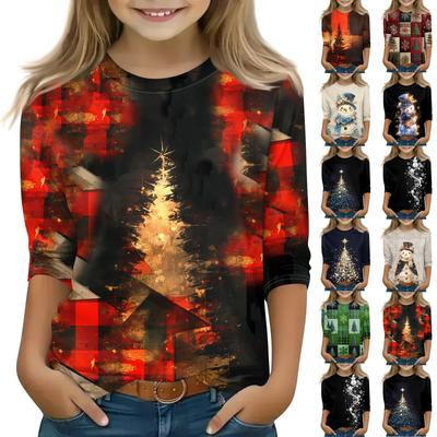 Weihnachtstag Druck Tops für junge Mädchen 5-16 Jahre Rundhals 3/4 Ärmel T-Shirts Trendige Tops Outfit Tees