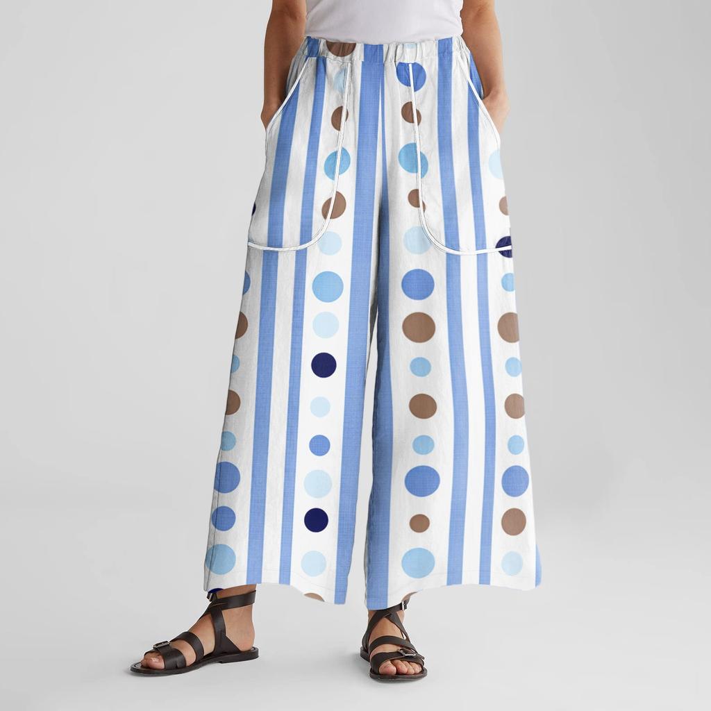 Women's Wide Leg Pants With Elastic Waistband, Retro Printed Large Pockets, Patchwork Loose Pants