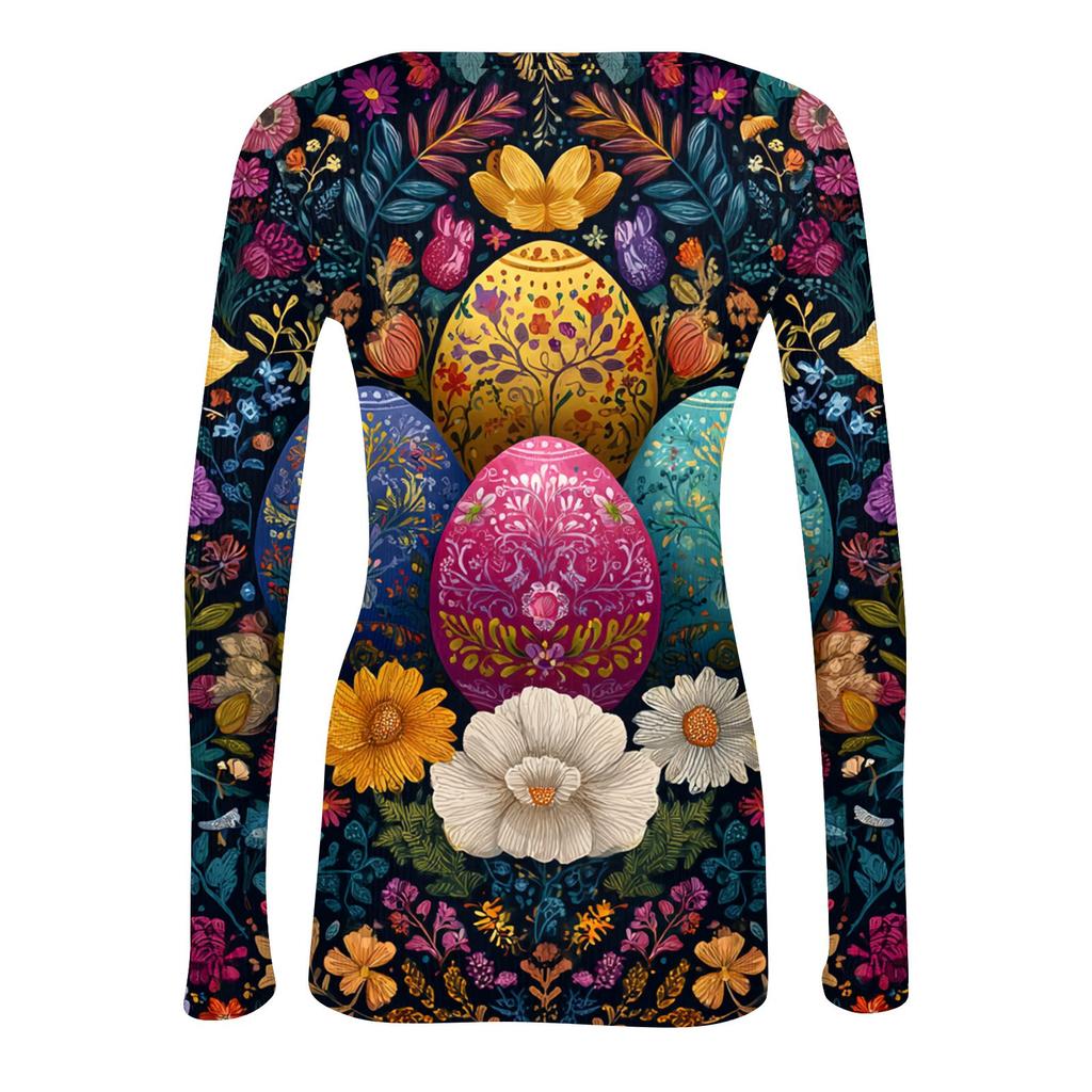 Women's Casual Fashion Round Neck Easter Print Long Sleeve Strip Top