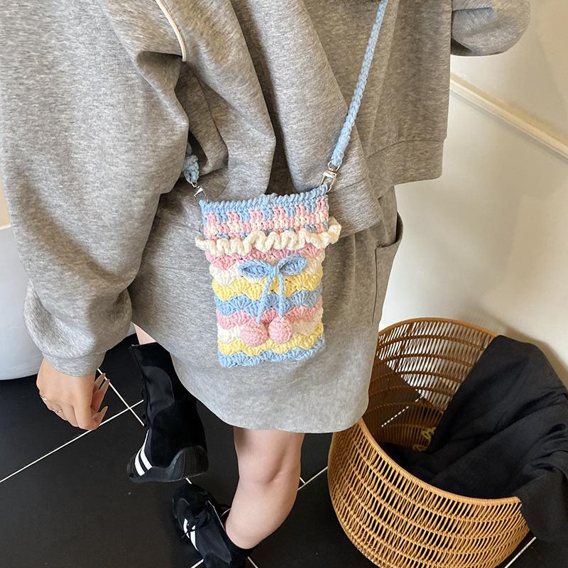 Handmade Crochet Cherry Phone Bag, Cute Pastel Knitted Crossbody Purse For Girls, Mini Drawstring Single Shoulder Pouch