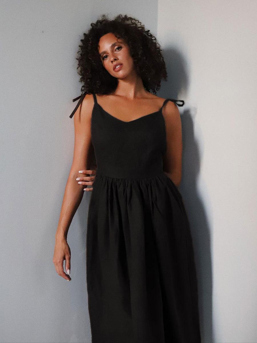 

Французький стиль для відпустки Сексуальна бавовняно-лляна сукня на бретелях-спагеті з зав язкою на спині Medium