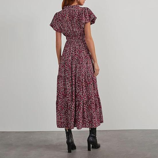 Vestido de mujer V Big Swing Flor Manga de burbuja Cuello pequeño Estampado corto Línea A Cintura alta