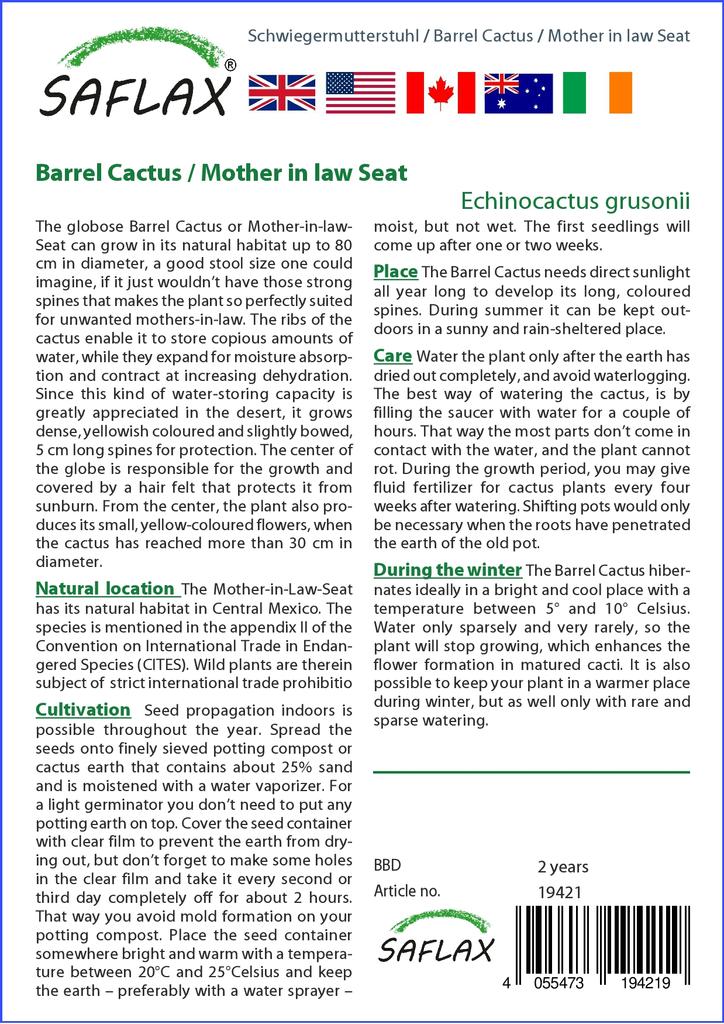 SAFLAX Garden In the Bag - Barrel Cactus / Mother In Law Seat - 40 Seeds - With Substrate In a Fitting Stand Up Bag - Echinocactus Grusonii