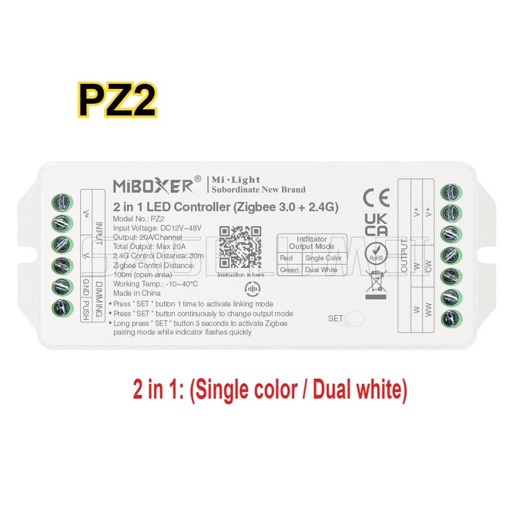 

Miboxer PZ2 2IN1 PZ5 5IN1 Output Max 20A LED Controller Support Single/Dual Color RGB/RGBW/RGB+CCT Strips DC12-48V ZB3.0&2.4G RF