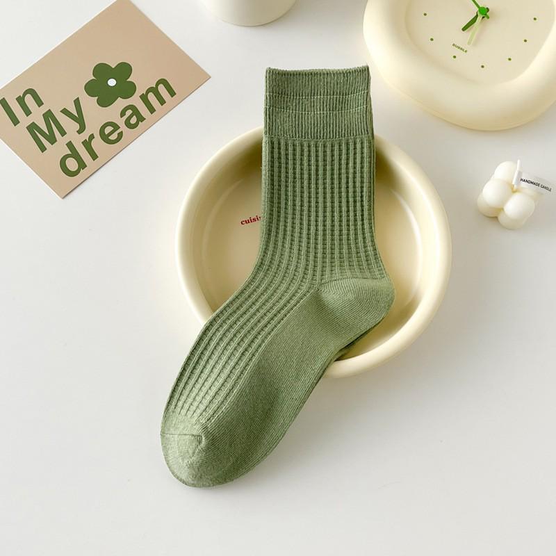 Japanese-Style Cotton Mid-Calf Socks with Waffle Texture and Macaron Fabric Label