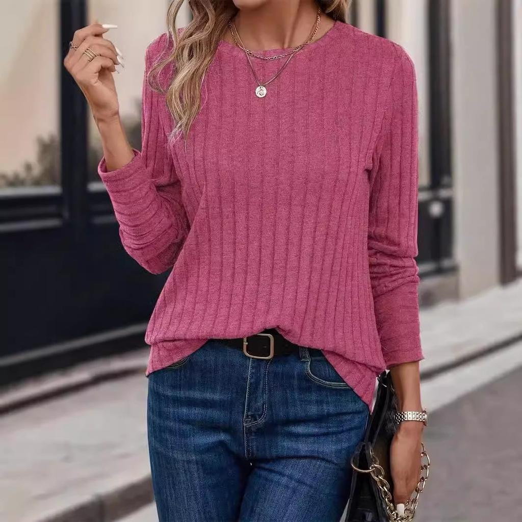 Solid Color Comfortable Crew Neck Pit Strip T-Shirt Spring and Autumn Casual Long Sleeve Top Women's Clothing