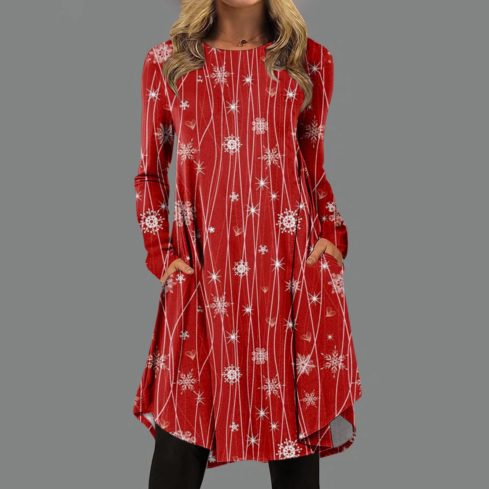 

Women s Fashion Casual Christmas Printed Round Neck Pullover Loose Long Sleeve Dress XL Кіновар