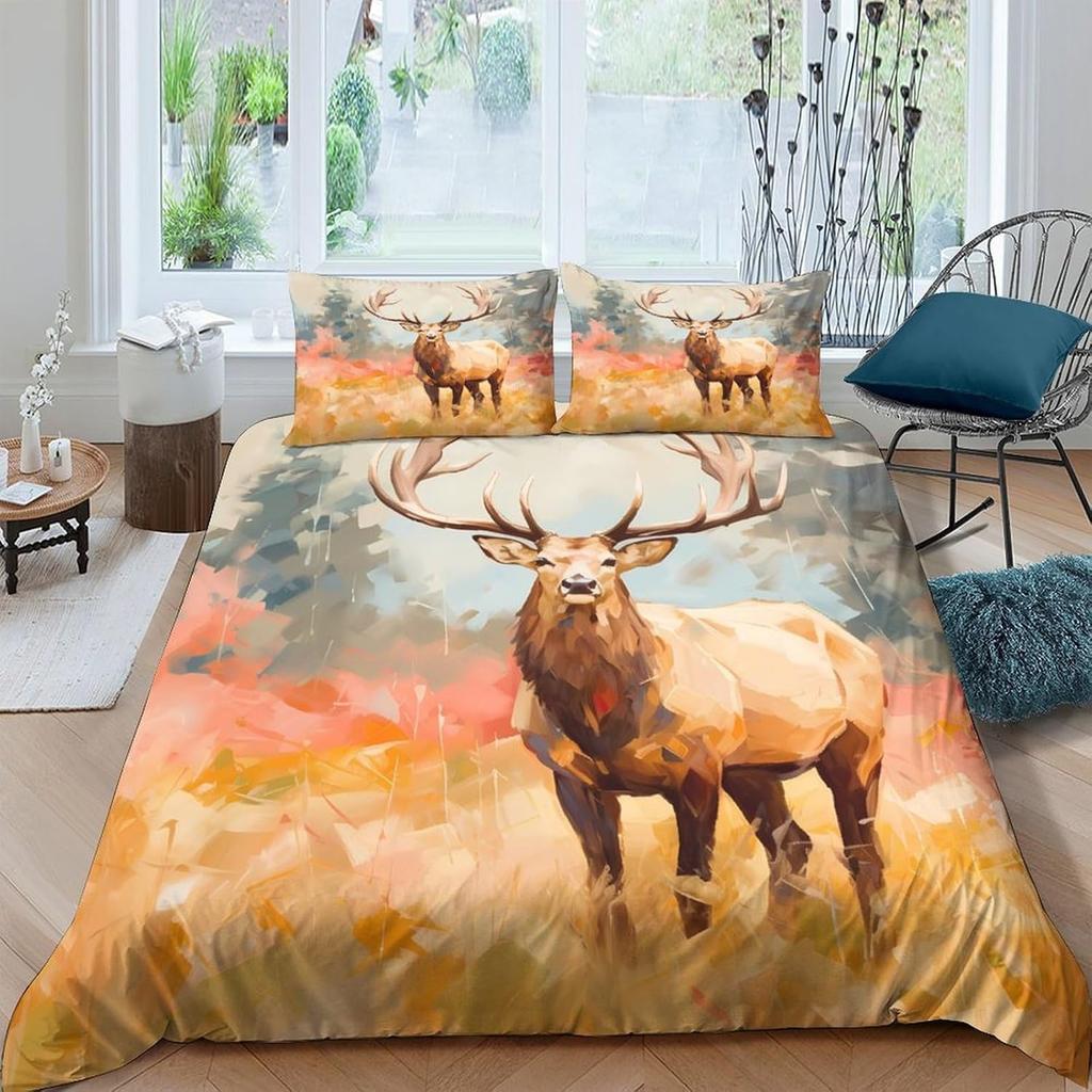3D Print Elk Single Duvet Cover 2 Pieces Deer Theme Bedding Set Zipper,Soft Comfort Microfiber Quilt Cover With Pillowcase 75*50