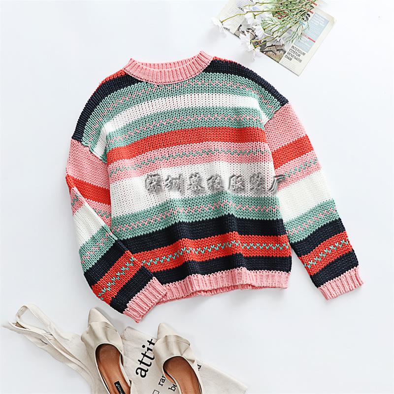Autumn New Women's Clothing Rainbow Intercolor Knitted Sweater Pullover Women's Clothing Loose Sweater Women