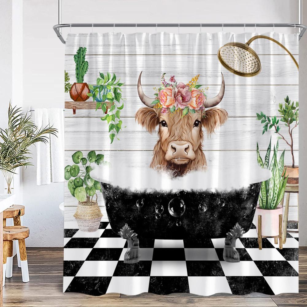 Lustige Tiere Baden Duschvorhänge Hochlandrind Schweine Kaninchen Hunde Badewanne Badezimmer Dekor Polyester Duschvorhänge mit Haken