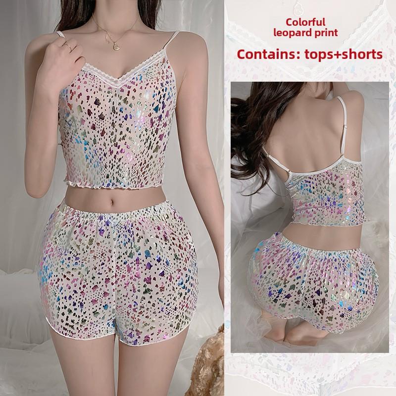 Mesh Pajamas Sexy Suspenders Shorts Cute Sexy Loungewear Set