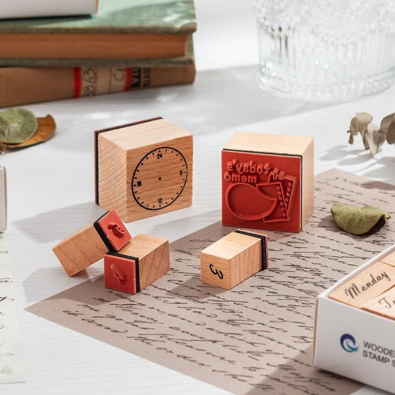 Office School Supplies Wooden Time Seal Set Box Week and Month Digital Handbook Cross Border Date Planning Time Assorted Stamp