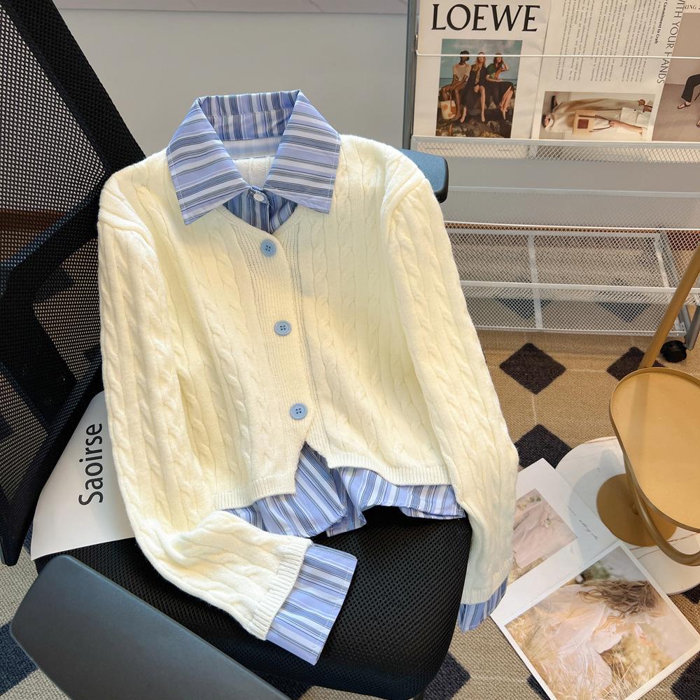 

Fake two-piece striped shirt spliced polo collar sweater women s autumn and winter design French small knitted jacket one size fits all абрикосовий