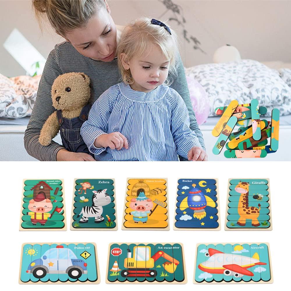 TOXINYUAN Wooden Puzzle Set of 4, Montessori Educational Toy with 8 Types of Vehicle and Animal Puzzles, Ages 3 and Up, Baby, Toddler, Boys, Girls,