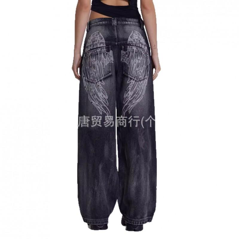 Y2K Streetwear Wide Leg Denim Pants Women Retro Wing Print Loose Fit Mid-Rise Straight Cut 2025
