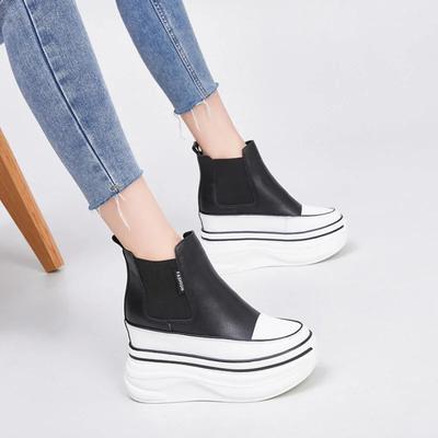 Mode 10cm ROME Äkta Läder Stöd Stabil Chelsea Boots Kvinnor Höst Ankel Motorcykel Elastisk Fjäderbåge Damer Skor