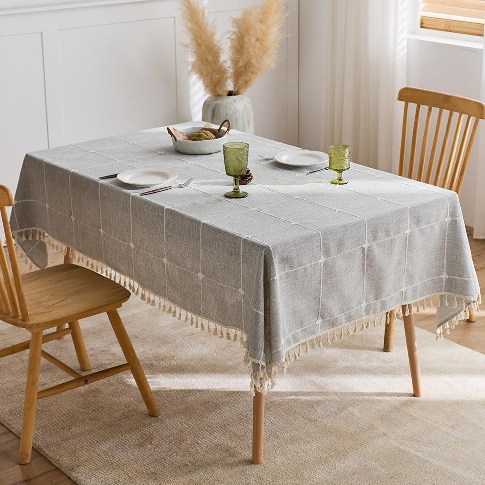 Tassel Tablecloth Cotton Linen Country Farmhouse Style Stain-Resistant Rectangle Table Cover Versatile for Dining Table Coffee Table Decoration