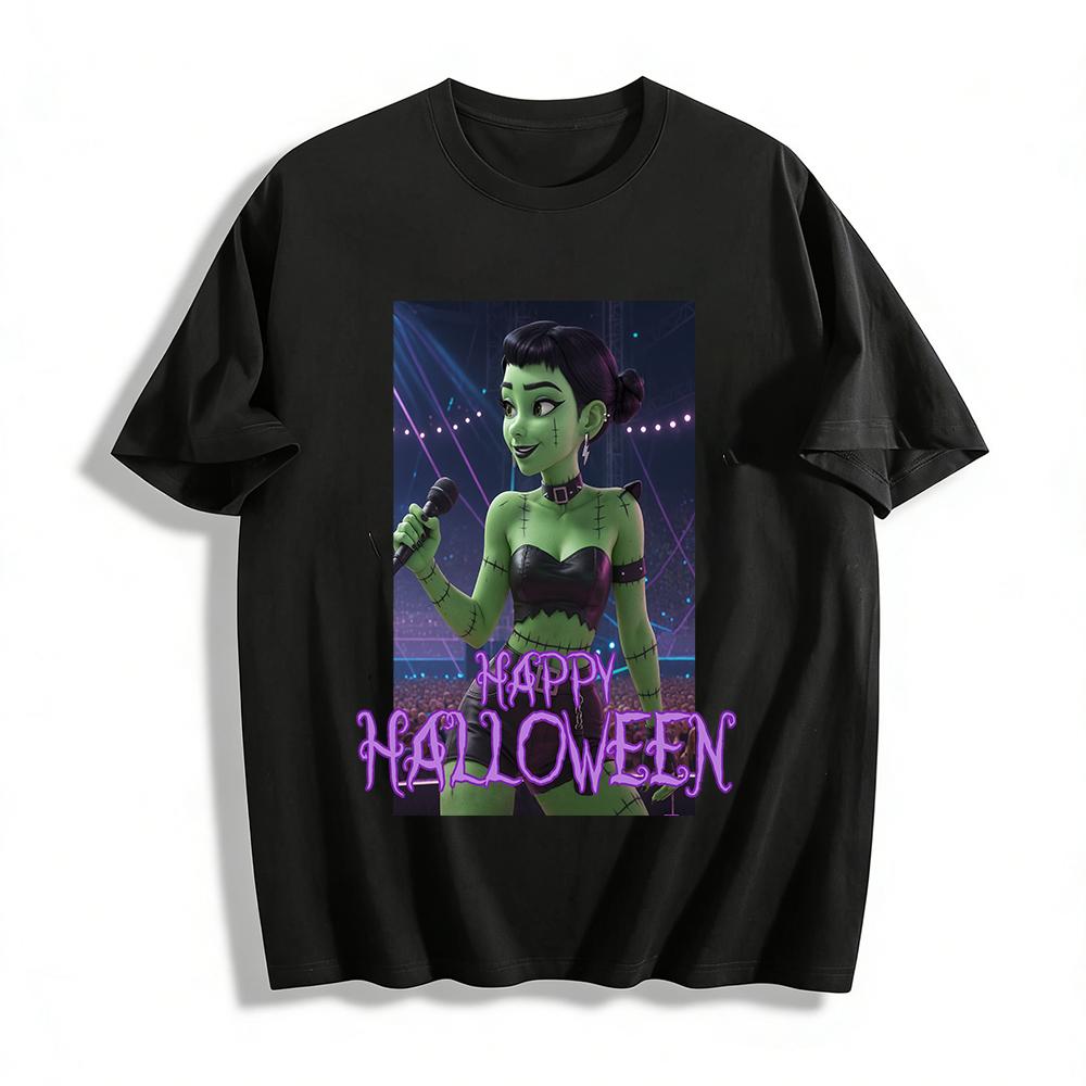 Halloween Frankenstein Female Singer Print Top Spooky Rock Style Festival Party Casual T-Shirt Pure cotton T-shirt XXS