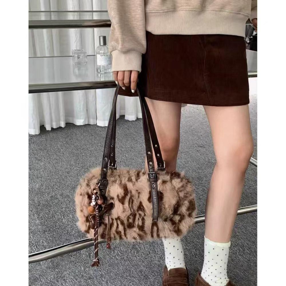 Leopard Print Plush Bag Women's Autumn/winter New Fashion Fuzzy Shoulder Bag