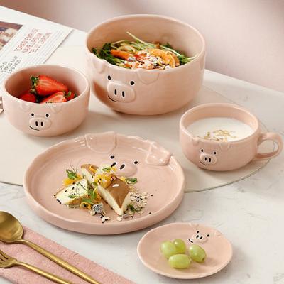 Pink Piggy Tableware Plates Bowls Cup Japanese Cartoon Tableware Irregular Matte Plate Kitchen Utensils Home Ceramics Plate