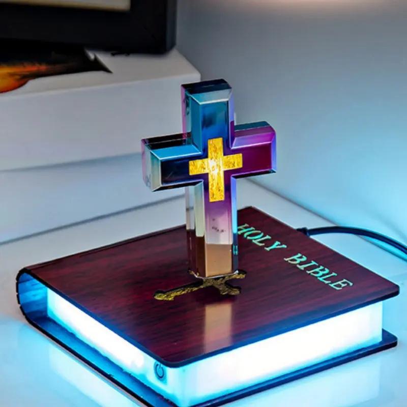 Bible Base Magnetic Levitating Cross Floating Christian Cross Bible Base Levitating Cross Floating Light for Home Decoration EU Plug