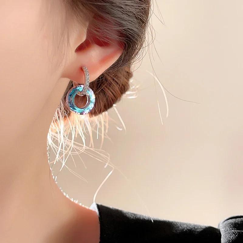 1 Pair Summer New Artificial Fantasy Crystal Circle Ring Buckle Pendant Earrings for Women's Luxury Jewelry Unusual Accessories