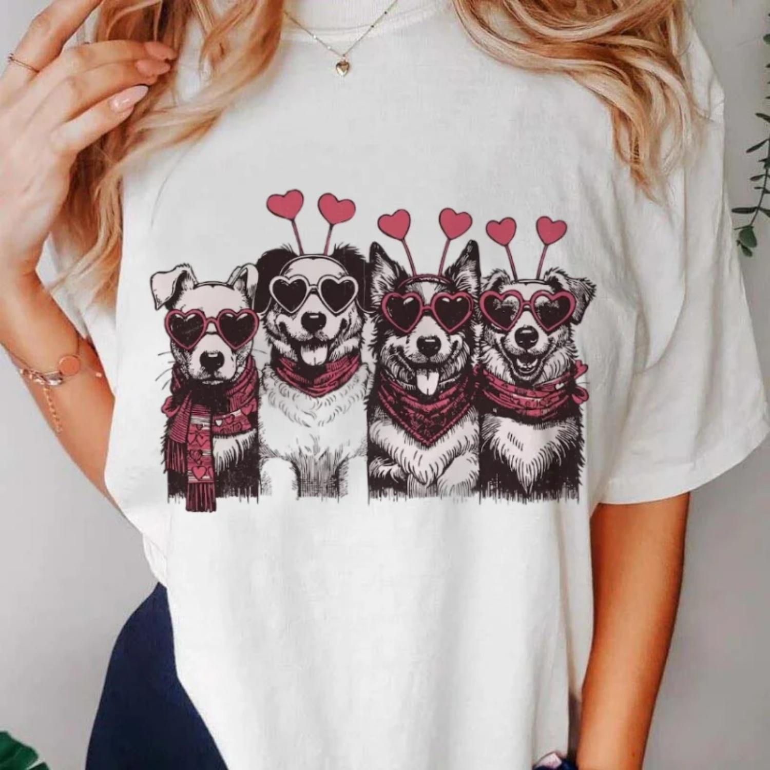 Valentine s Day Fashion T-Shirt Cartoon Cute Dog T-Shirt Casual Printed Sweet Style Pattern Round Neck Women s Printed Clothing S