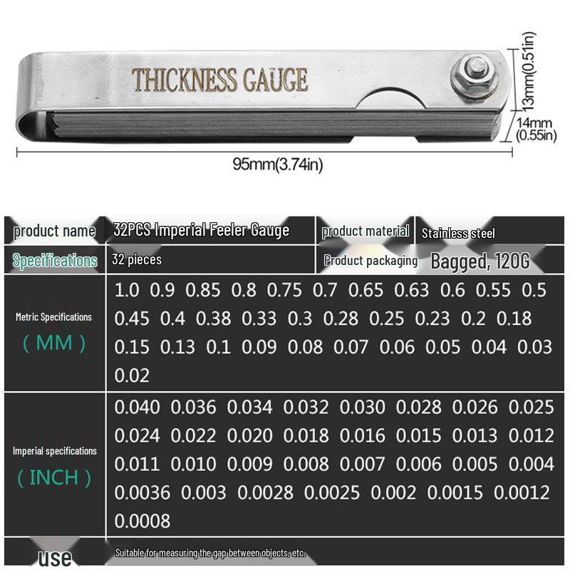 32-Piece Stainless Steel Feeler Gauge Set: 0.02-1.0mm High Precision Thickness Blades