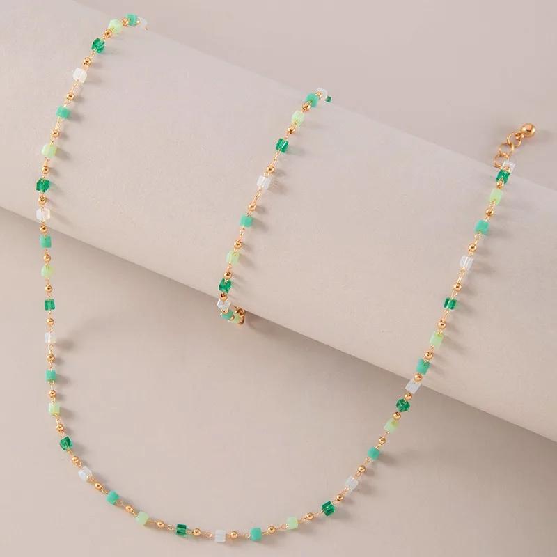 Bohemia Retro Green Crystal Beaded Pendant Necklace for Women Charm Collarbone Chain Jewelry Holiday Summer Beach Accessory Gift