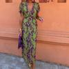 Summer Women's Elegant Slim Fit V-neck Short Sleeve Colorblock Print Maxi Dress, European American Fashion Ladies Long Dress Casual Daily Party