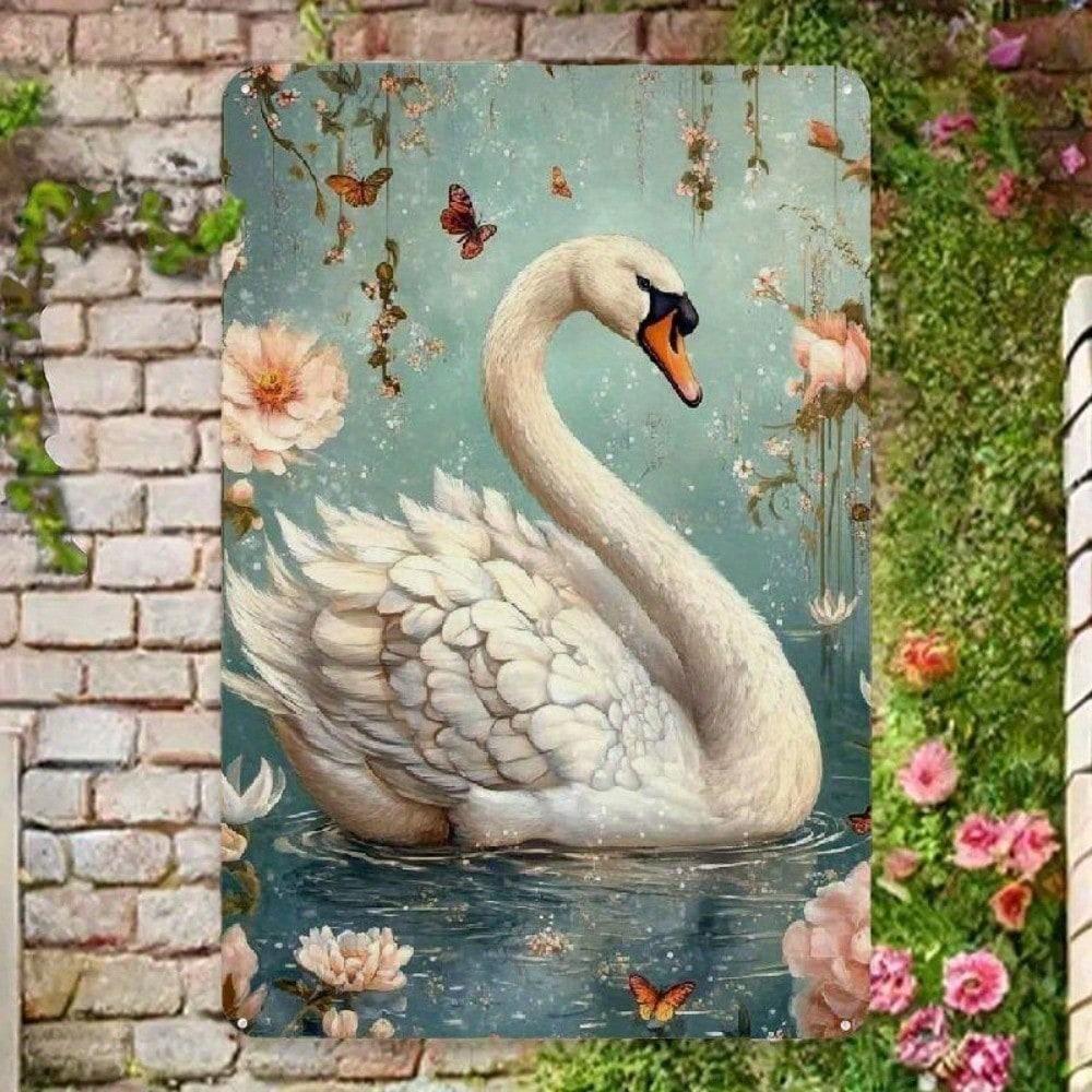 Vintage Swan Metal Tin Sign 8x12, Elegant Floral Wall Art Waterproof Iron Plaque Decor Living Room Bedroom Garden