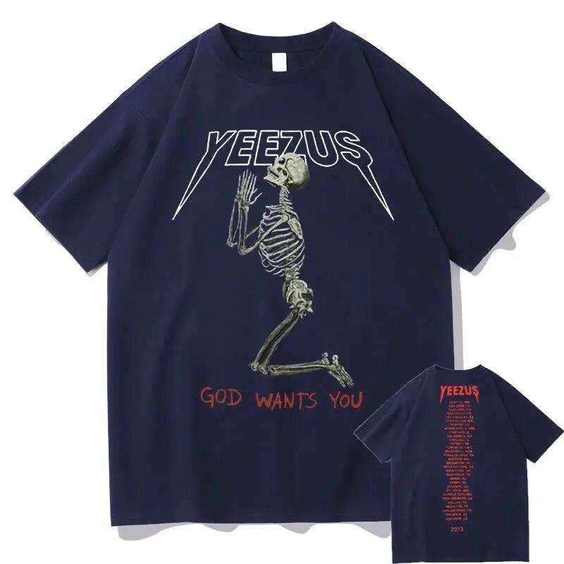 2024 New God Wants You Kanye West Double Sided Print Tshirt Streetwear Skull Graphic T-shirts Unisex Women Hip-Hop T Shirt Tops