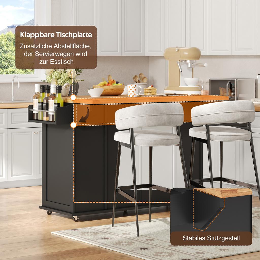 Isola Cucina Mobile con Piano di Lavoro Pieghevole, Carrello da Cucina con 3 Cassetti Verticali, 2 Ante con Ripiani e Ruote Bloccabili, 120 × 45 (70) × 87 cm