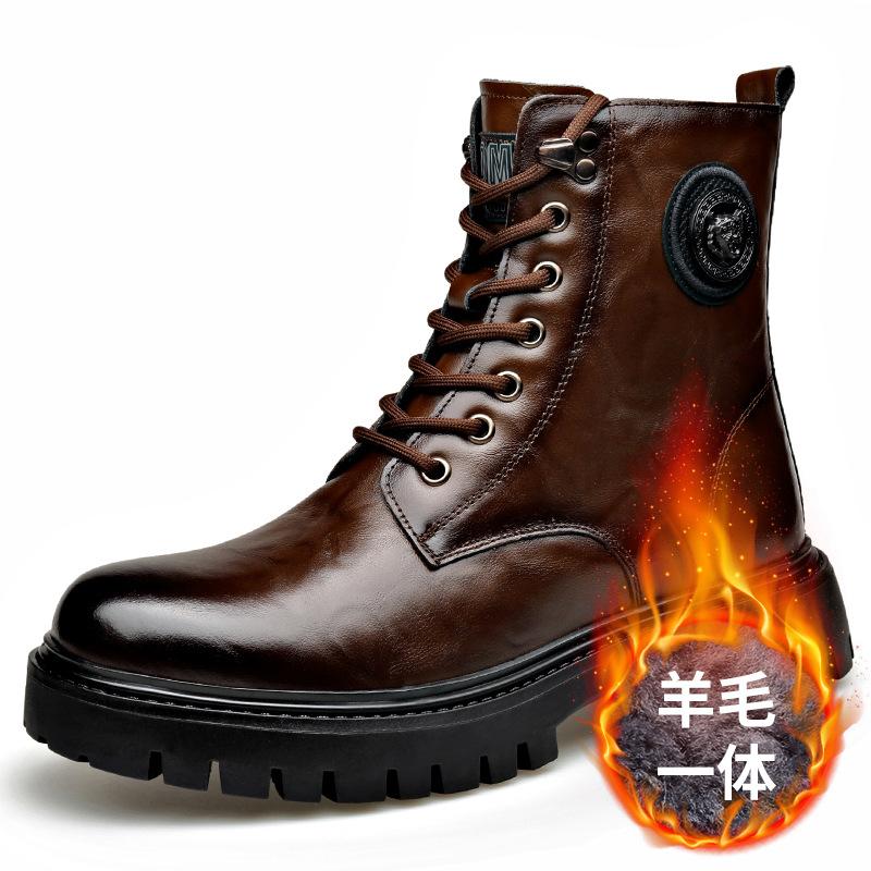 Botines de Cuero Genuino Otoño Invierno para Hombre Moda Casual Plataforma Zapatos de Trabajo Mujer Color Sólido Lana Algodón Botas Hombre