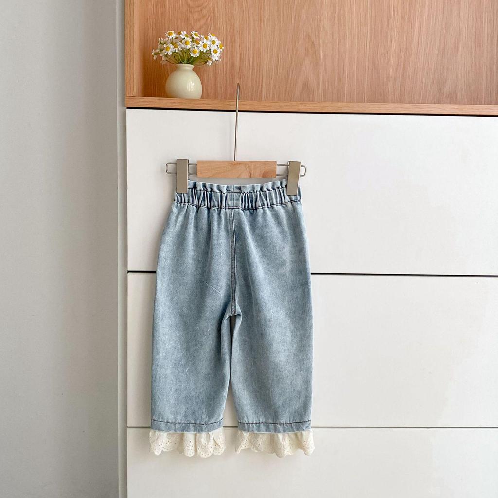 Girls' Sweet Korean Style Lace-Trim Elastic Waist Jeans