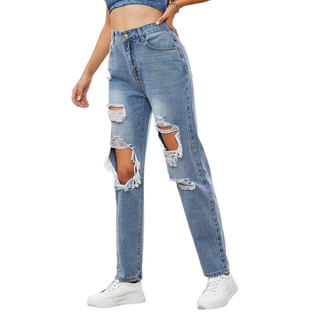 Europäisch-Amerikanische Damen High-Waist Straight Leg Ripped Jeans