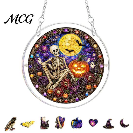 Suncatcher Acrylic Jigsaw Puzzle Suncatcher, Stained Glass Style Halloween Skeleton Ghost Kitchen Window Hanging Sun Catcher for Gothic Wall C