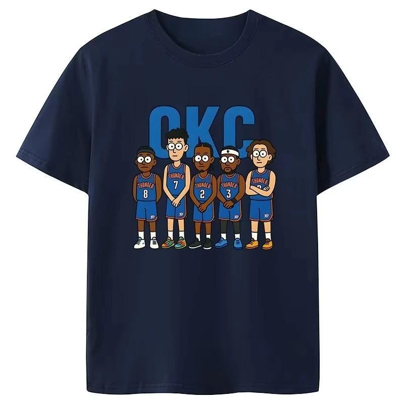 Stylish Casual White Cotton T-Shirt with OKC Thunder Team’s Cute Cartoon Starting Five Lineup Print Women And Men T-shirts