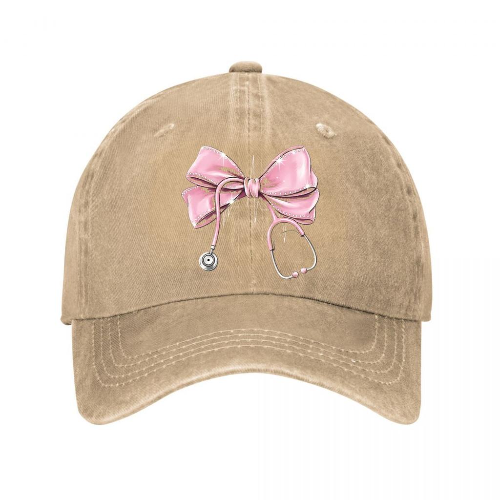 Pink Rhinestone Bow Stethoscope Nurse Medical Fashion Washed Baseball Cap Outdoor For Womens Unisex FeUnisex